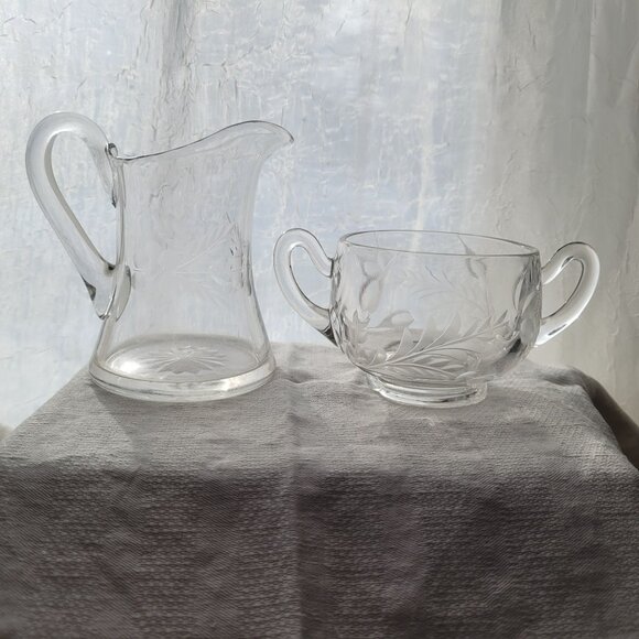 Vintage Glass Creamer & Sugar Bowl Set With Floral Etched Design - Elegant Clear - Picture 1 of 10